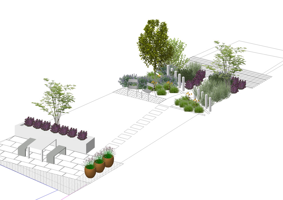 3D view of a garden set on diagroal lines